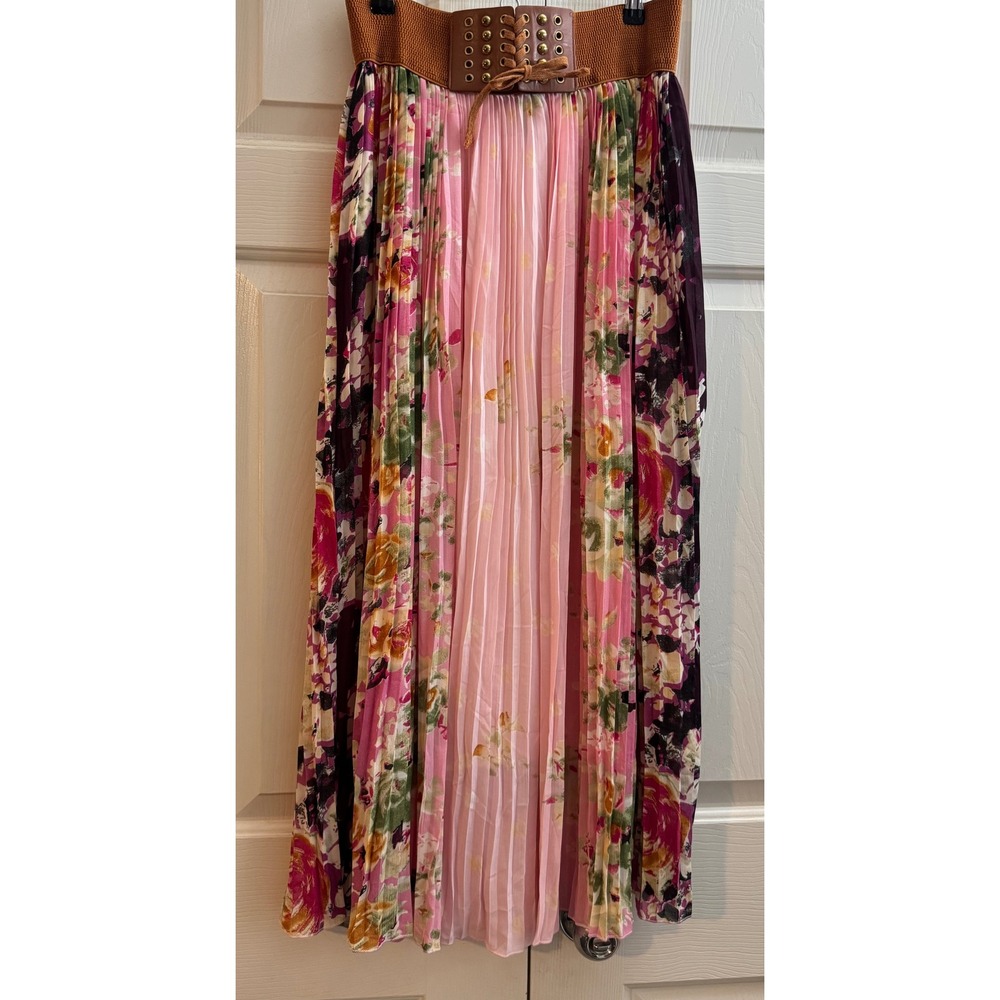 Mint Green Boho Floral Pleated Maxi Skirt Pink Brown Corset Lace Up Waist Large